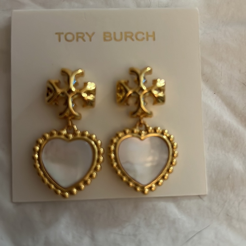 Tory Burch Roxanne Heart Mother of Pearl Beaded Earrings.